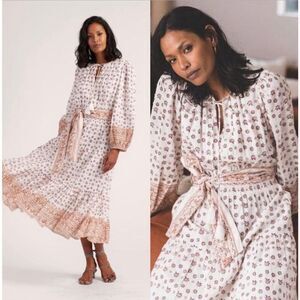 Cleobella Blakely Floral Long Sleeve Midi Dress in White Brown Large